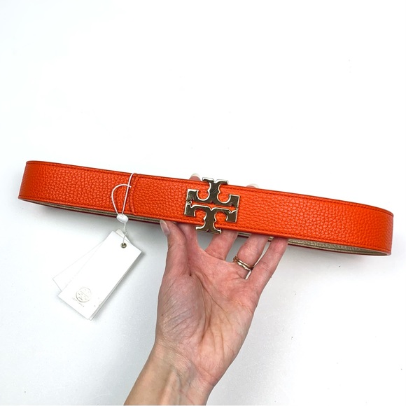 Tory Burch Belt Reversible Orange Gold Logo Pebbled Leather 1.5” Size X-Small - Picture 1 of 8